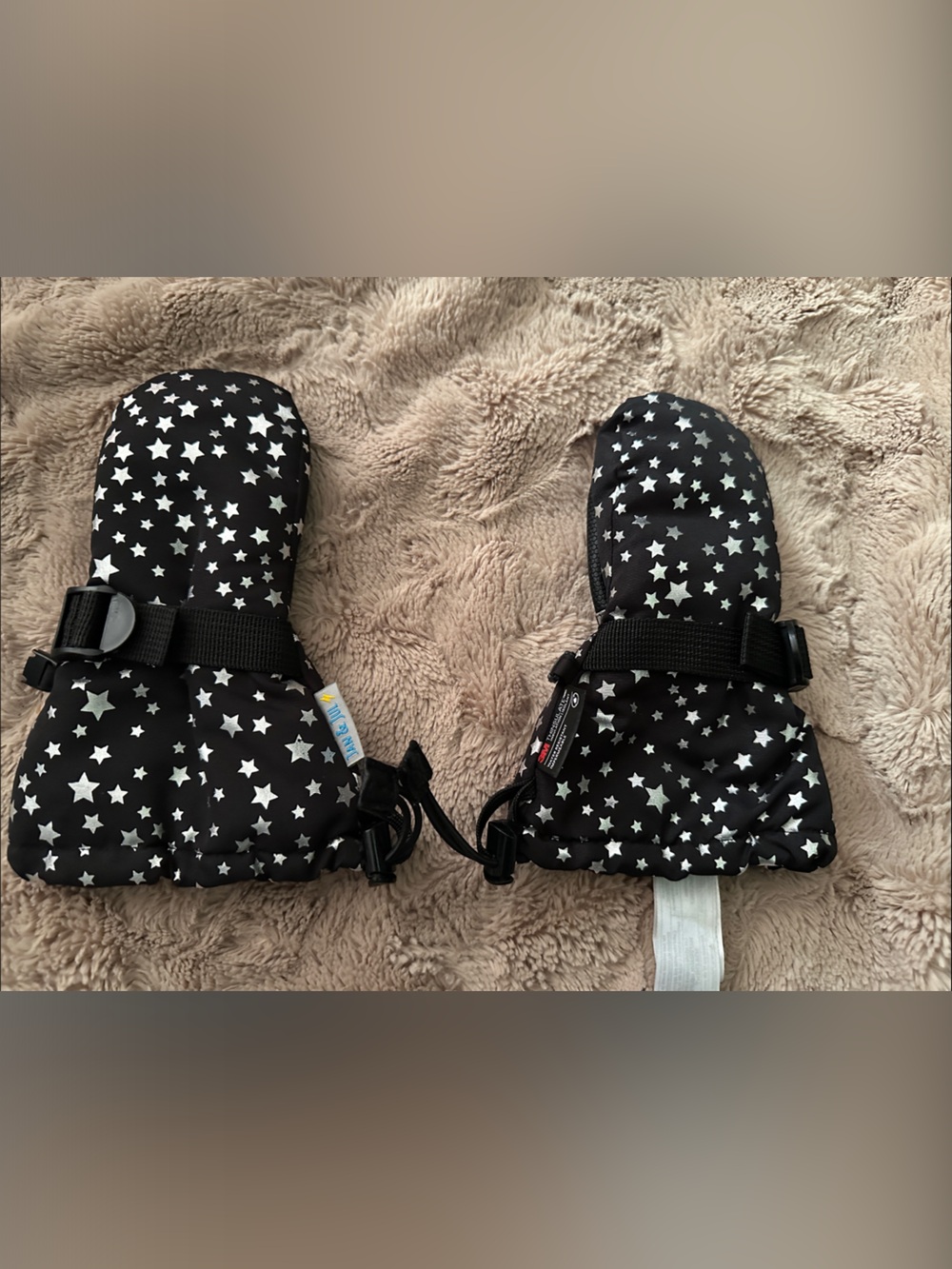 Jan & Jul thumbless size XS (0-2 years) Black Mittens with silver Star Print